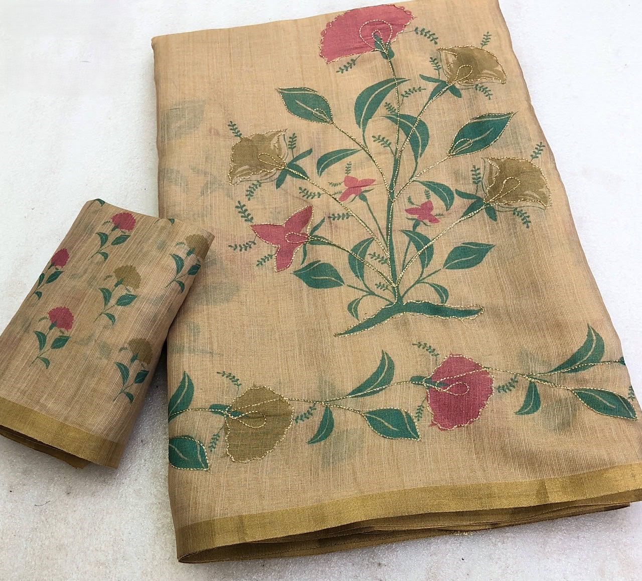 Floral Digital Print Erode Tissue Silk Saree with Zari Border & Embroidery Work